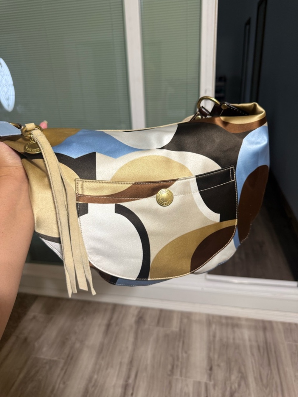 Coach bah Multi-Color Graphic Print Shoulder Bag - Blue, Brown & Cream